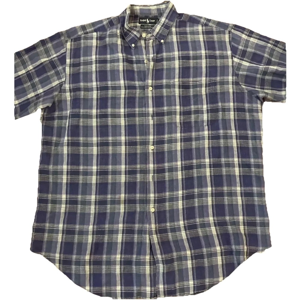 Ralph Lauren Marlowe Plaid Shirt Mens Large Blue Short Sleeve Button Up
